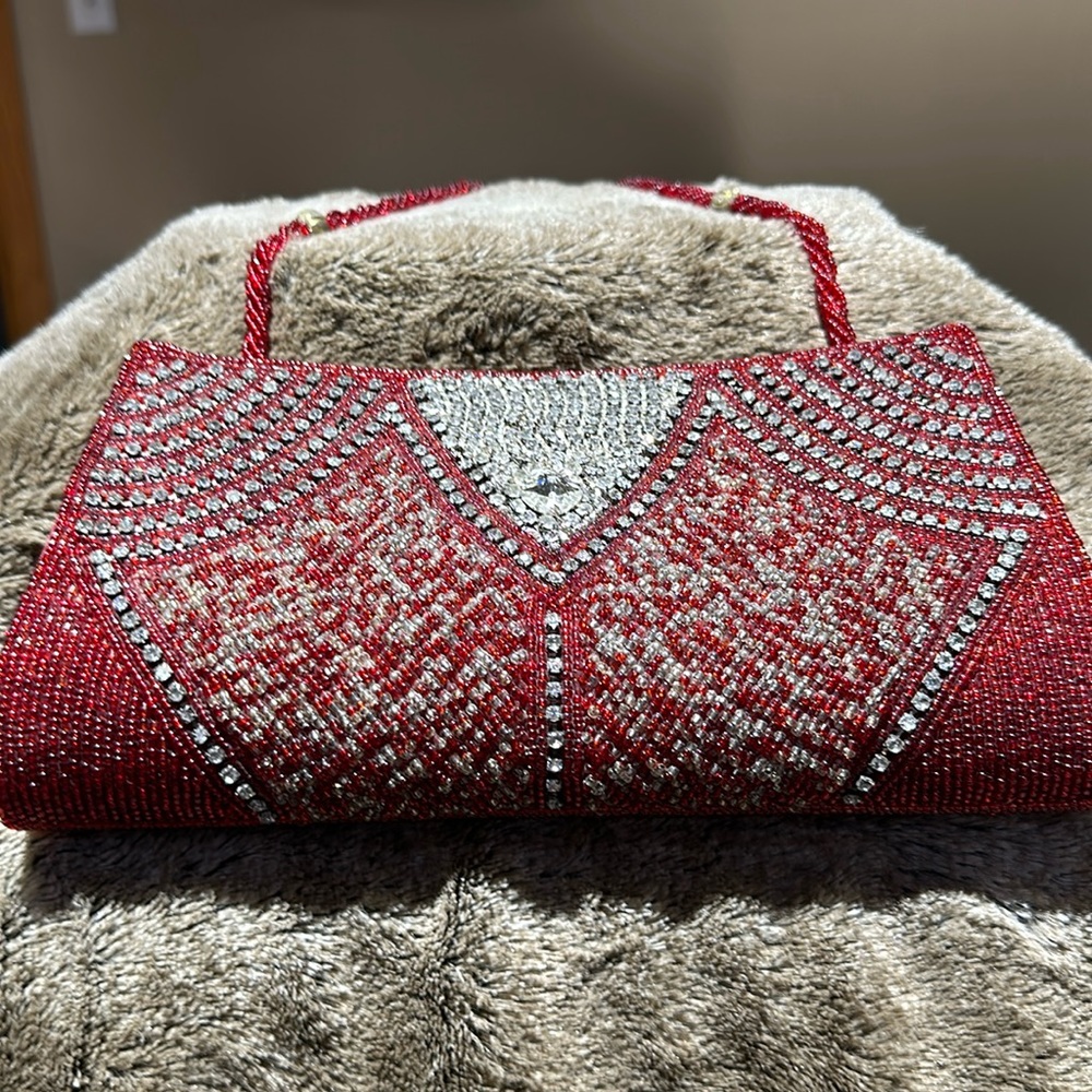 Red rhinestone and beaded clutch hand bag